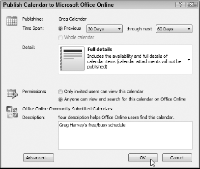 Publishing limited details from my calendar for the previous 30 days and next 60 days to Microsoft Office Online.