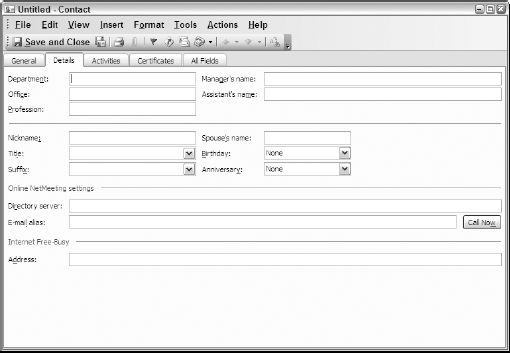 Adding more information about a new contact using fields on the Details tab of the Outlook 2003 Contacts dialog box.