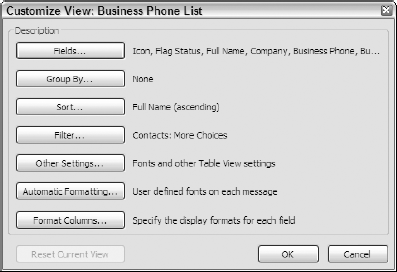 The Customize View dialog box for my custom Business Phone list.