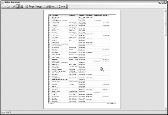 Using Print Preview to check the paging of a phone list report before printing it.