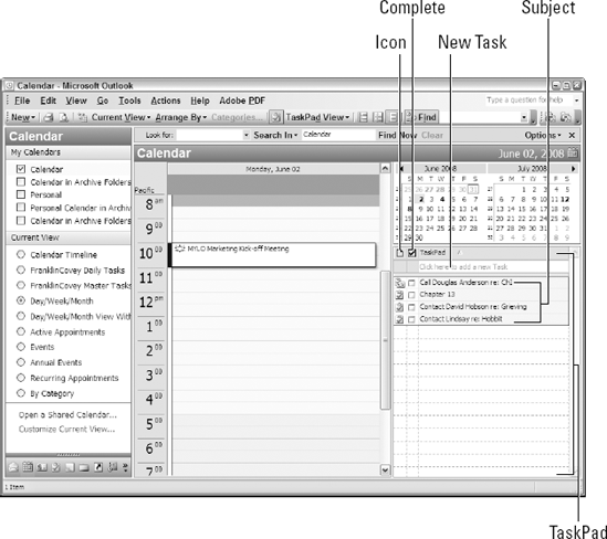 The TaskPad in the Outlook 2003 Calendar module.
