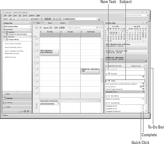 The To-Do Bar as it appears in the Outlook 2007 Calendar module.
