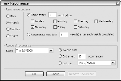 Specifying when and how often a task reoccurs in the Task Recurrence dialog box.