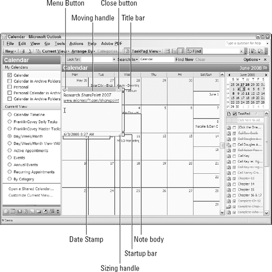 Creating a new note from the Outlook Calendar module using the Ctrl+Shift+N keyboard shortcut.