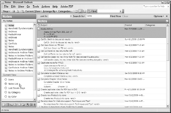 The Notes module after selecting the Notes List view.