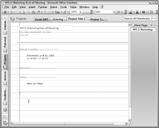 Outlook meeting details after inserting them into a new page of an existing notebook in OneNote 2007.