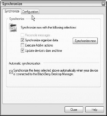 Selecting how and when desktop Outlook data is synchronized on my BlackBerry Pearl Smart-phone.