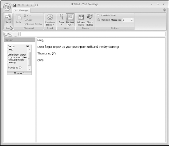 Sending a new text message to my cell phone from Outlook 2007.
