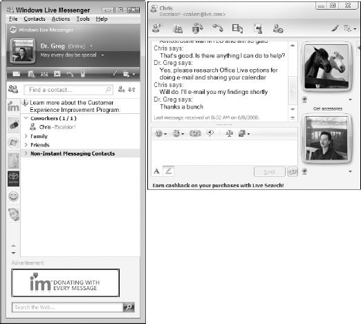 Using Windows Live Messenger to conduct an impromptu discussion with a co-worker.