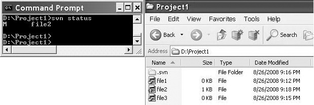 The command-line and TortoiseSVN visual interfaces in Subversion each show that file2 has been modified