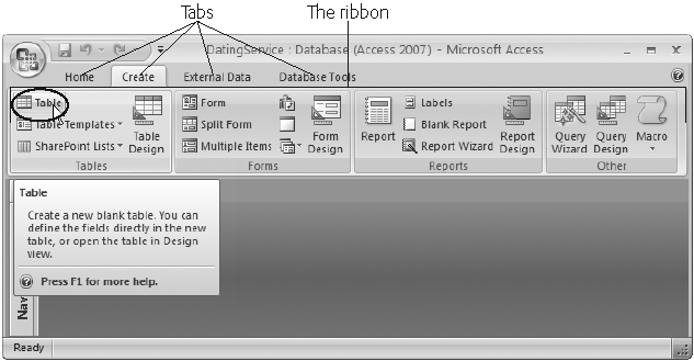 The ribbon’s full of craftsman-like detail. When you hover over a button, you don’t see a paltry two- or three-word description in a yellow box. Instead, you see a friendly pop-up box with a complete mini-description. Here, the mouse is hovering over the Table command in Access 2007.