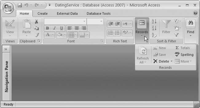 In this example, Access doesn’t have the room to display the Home tab’s Views, Records, or Find sections, so they’re all replaced with buttons. If you click any of these buttons, then a panel appears with the content you’re looking for.