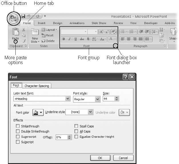 If you click the dialog box launcher in the bottom-right corner of the Font group (top, circled), you’ll be presented with the font dialog box (bottom).