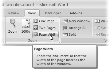 Arrow notations help to simplify Office 2007’s ribbon structure and commands. For example, “Choose View → Zoom → Page Width” is a more compact way of saying: “Click the View tab, and then go to the Zoom group and click Page Width,” as shown here.