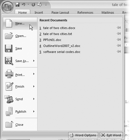 The phrase most frequently uttered by experienced Word fans the first time they start Word 2007 is, “Okay, where’s my File menu?” Never fear, the equivalent of the File menu is still there—it’s just camouflaged a bit. Clicking the Office button (the one that looks like a Windows logo) reveals the commands you use to create, open, and save Word documents.