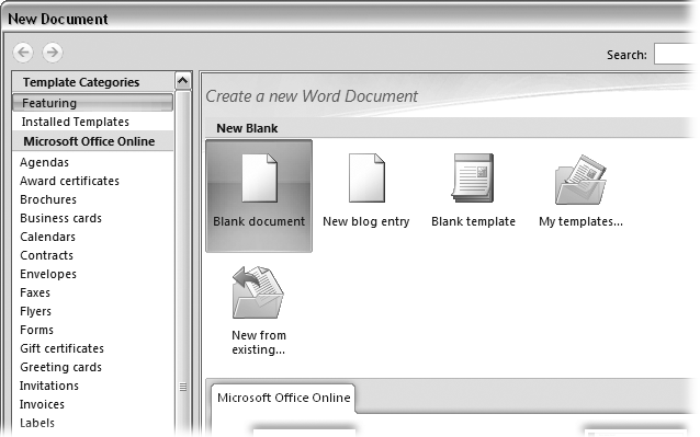 Open the New Document box (Office button → New, or Alt+F, N), and Word gives you several ways to create a new document. Click “Blank-document” to open an empty document, similar to the one Word shows when you first start the program. Or you can click “New from existing” to open a document that you previously created under a new name.