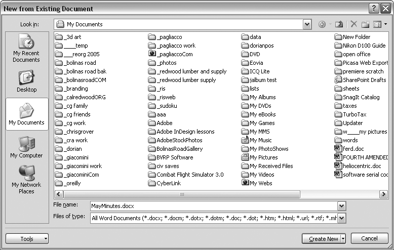 Use the New from Existing Document box to find an existing Word document that you’d like to open as a model for your new document. When you click Create New at bottom-right, Word opens a new copy of the document, leaving the original untouched. You can modify the copy to your heart’s content and save it under a different file name.