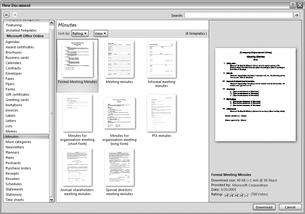 The New Document box lists prebuilt templates that live at Microsoft Office Online in categories like Agendas, Brochures, Calendars, and Minutes. Below the thumbnail you see an estimate of how long it takes to download the template from the Microsoft Office Online Web site. A rating, from 0 to 5 stars, tells you what other people think of the template (the rating system is kind of like the one at Amazon.com).