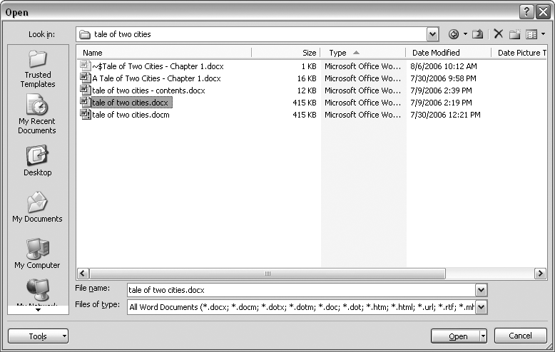 This Open dialog box shows the contents of the tale of two cities folder, according to the “Look in” box at the top. As you can see in the “File name box” at the bottom of the window, the file tale of two cities.docx is selected. By clicking Open, Mr. Dickens is ready to go to work.