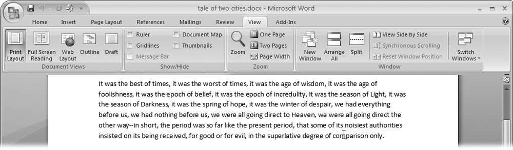 The View tab is your document-viewing control center. Look closely, and you see it’s divided into four groups with names at the bottom of the ribbon: Document Views, Show/Hide, Zoom, and Window. To apply a view command, just click the button or label.