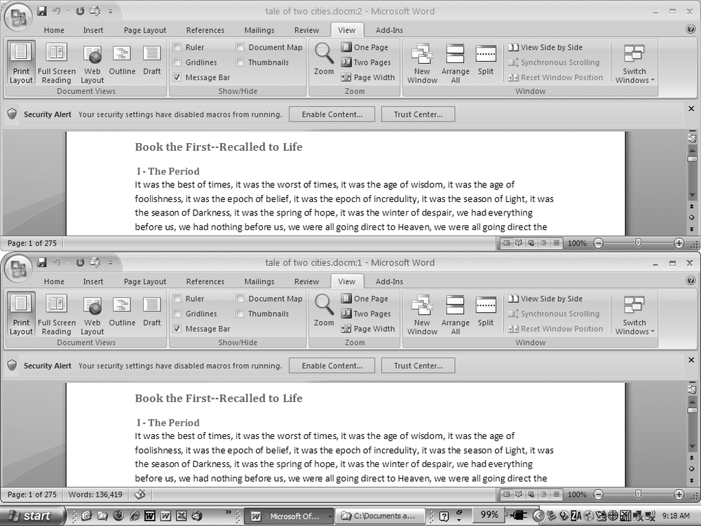 One downside of Office 2007’s ribbon: It takes up more space on your computer’s screen than menus or even the older button bars. When you open a couple of windows, you’re not left with much space to do your work, especially when you’re working on an ultra-portable laptop or a computer with a small screen. You can double-click the active tab to hide the ribbon, but in most cases, you’re better off working with a split screen, as shown in .