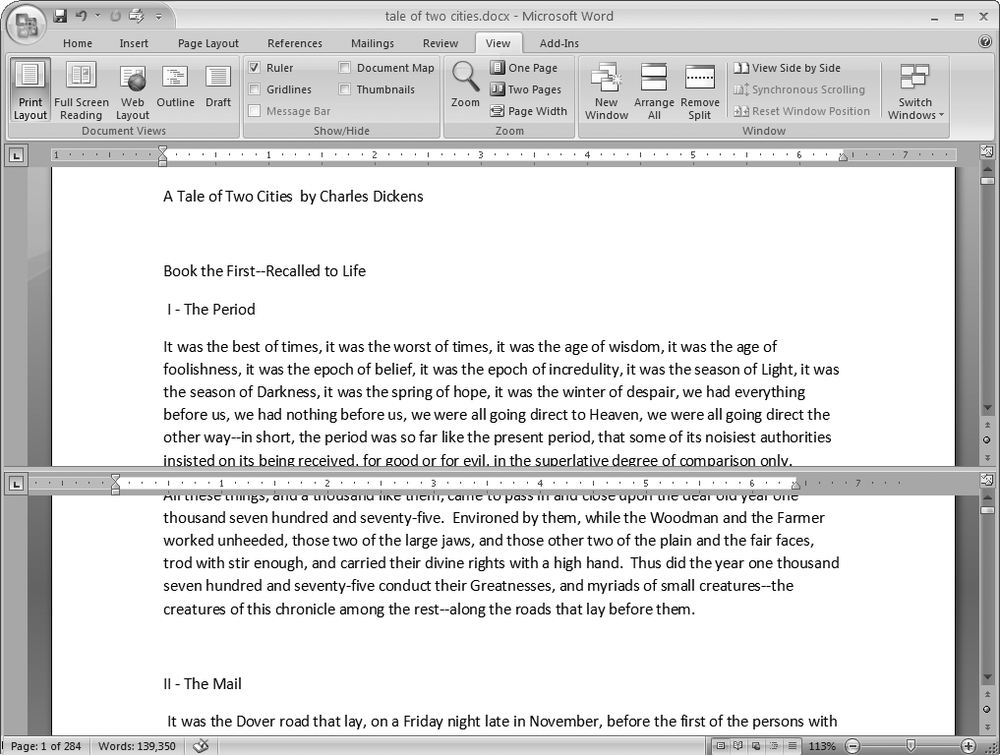 When you’re viewing two different parts of a single document, use the Split command; it leaves you more room to work than two separate windows, as shown in . Each section of the split window has a scroll bar, so you can independently control different parts of your document. If you want to fine-tune your split, just drag the middle bar exactly where you want it. When you’re done, click Remove Split to return to a single screen view.