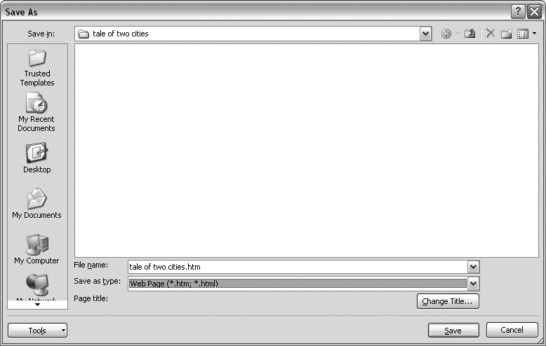 Use Office button →Save As to save your file with a new name or in a different file format. In this example, the Word file tale of two cities is being saved as an HTML type file—a format used for Web pages.