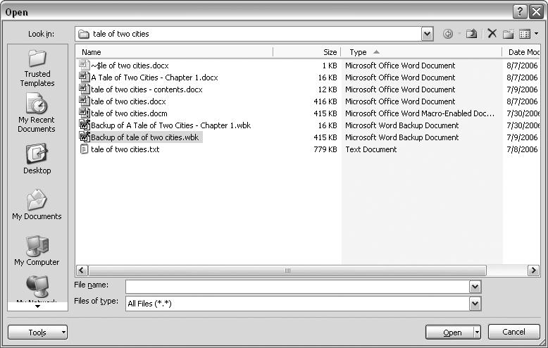 To open a backup file, choose All Files (*.*) in the “Files of type” drop-down menu at the bottom of the Open dialog box. Look for a file that begins with the words “Backup of.” Double-click to open the file.