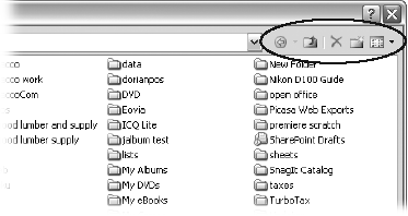 The Save As dialog box has all the controls you need to navigate to any location on your computer—including five nifty buttons in the upper-right corner. From left to right: The left arrow button steps you backward through your past locations (just like the back button in a Web browser). The up arrow takes you out to the folder enclosing the one you’re in now. The X button deletes folders and files—be careful with it. Click the folder with the star in the corner to create a new folder.