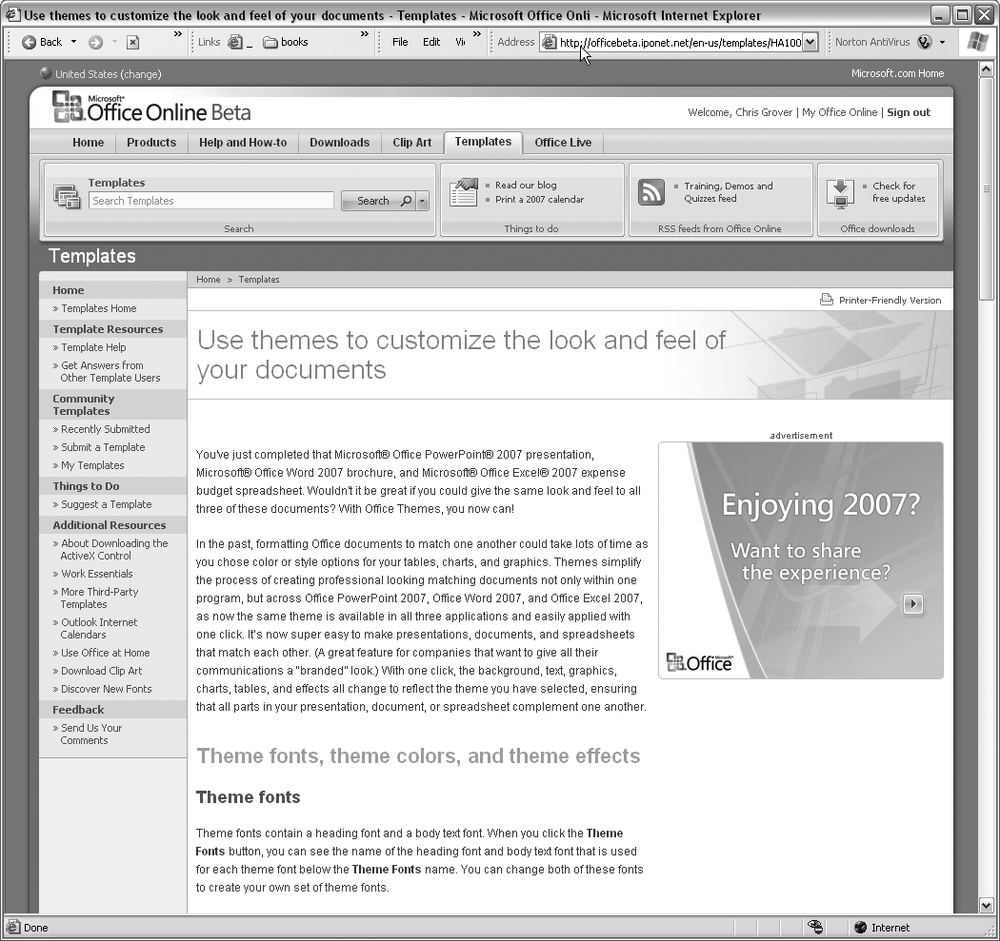 Microsoft’s Office Web site is a good source for information and add-ons. Currently you’ll find help files, predesigned templates, and an active Office community. More themes, colors, and font sets should be available soon.