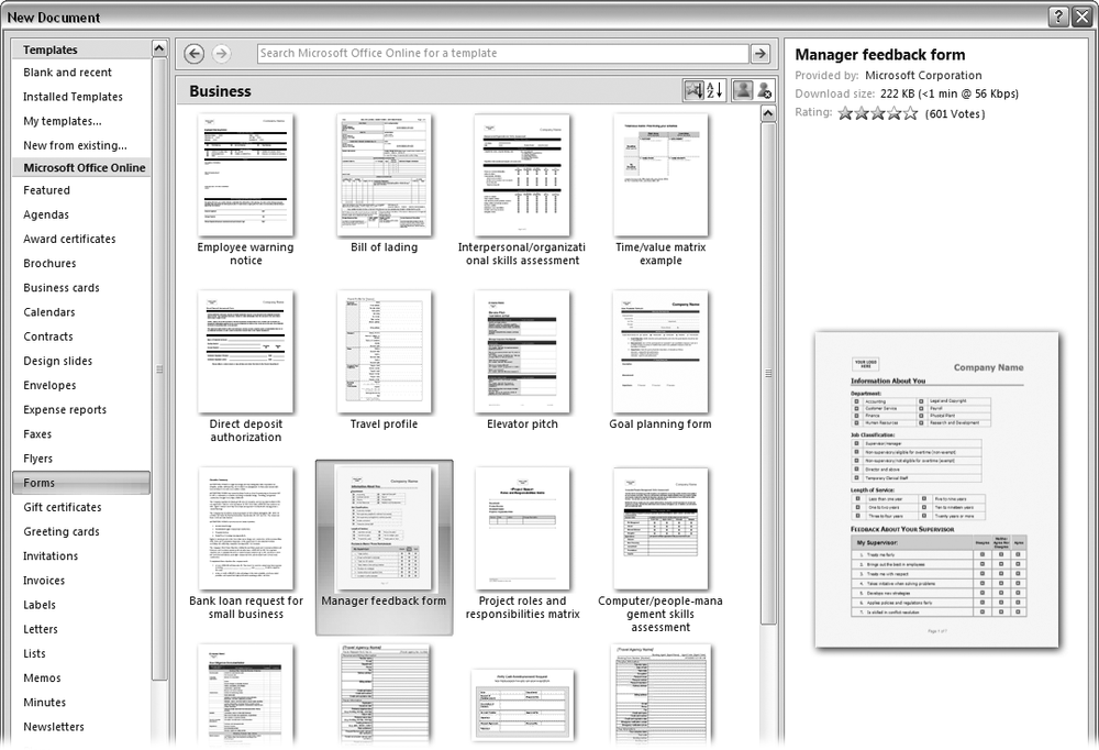 Open the New Document box and suddenly you see more than a dozen template options. The list on the left shows installed templates at the top. In the lower part of the list are hordes of templates that you can access from the Microsoft Office Online site.