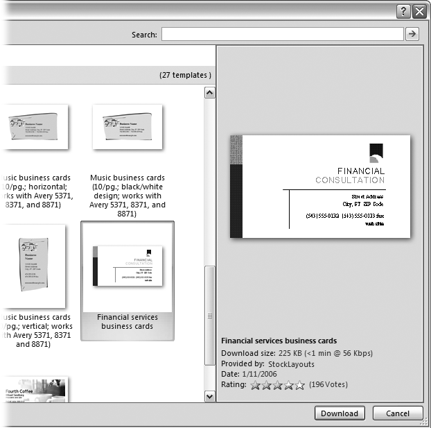 Use the New Document box to see previews of templates before you download them for use. If you click one of the categories at left, then you see thumbnails and descriptions. Click a thumbnail to see a larger version in the preview window at right. Like what you see? Click the Download button.