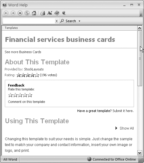 In the New Document box, select a template, and then click Help to view details about that template in a window like this one. Add your vote to the rating by clicking one of the stars under the Feedback heading.