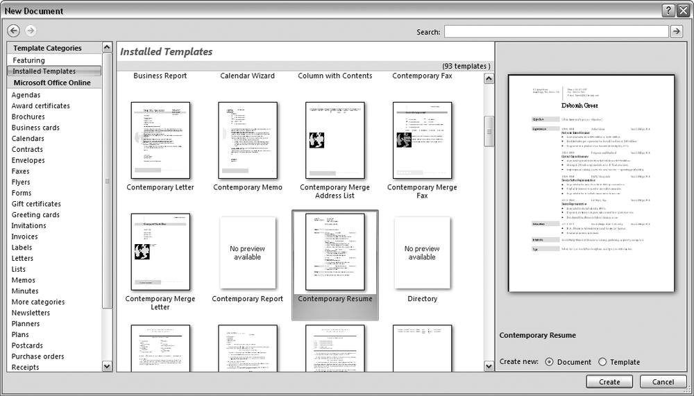 If you’re lucky enough to have a fast Internet connection, then you’ll hardly notice whether your templates are online or installed on your computer. The process of selecting, previewing, and using a template is almost exactly the same.