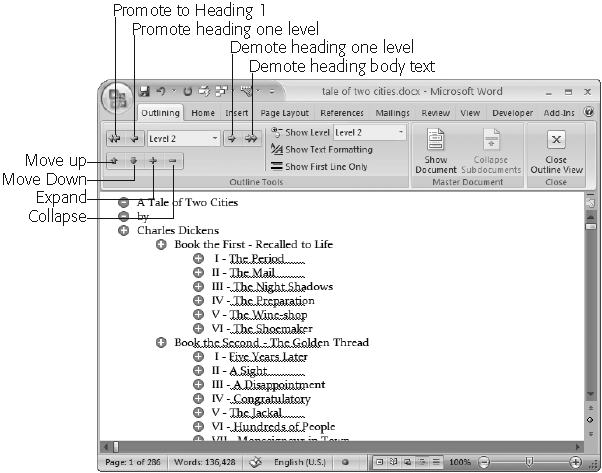 The buttons on the Outlining tab provide a command central for promoting and demoting topics and showing just the right part of your document. The up and down buttons move topics forward and backward in the document, providing a great way to move big chunks of text.