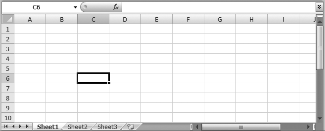 Here, the current cell is C6. You can recognize the current (or active) cell based on its heavy black border. You’ll also notice that the corresponding column letter (C) and row number (6) are highlighted at the edges of the worksheet. Just above the worksheet, on the left side of the window, the formula bar tells you the active cell address.