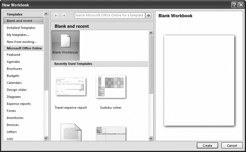 The New Workbook window lets you create a new, blank workbook. Choose Blank Workbook (in the window’s middle section), and then click Create to get started with an empty canvas.