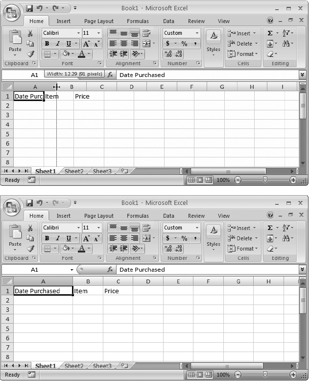 Top: The standard width of an Excel column is 8.43 characters, which hardly allows you to get a word in edgewise. To solve this problem, position your mouse on the right border of the column header you want to expand so that the mouse pointer changes to the resize icon (it looks like a double-headed arrow). Now drag the column border to the right as far as you want.Bottom: When you release the mouse, the entire column of cells is resized to the new size.