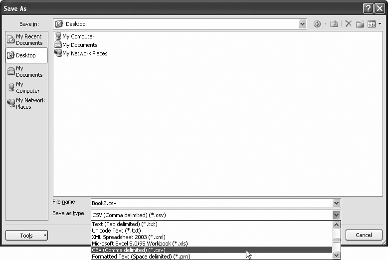 Excel offers a few useful file type options in the “Save as type” list. CSV format is the best choice for compatibility with truly old software (or when nothing else seems to work). If you’re a longtime Excel fan, you’ll notice that the list has been slimmed down a bit—for example, there’s no option to use the old dBase and Lotus formats from the DOS world.