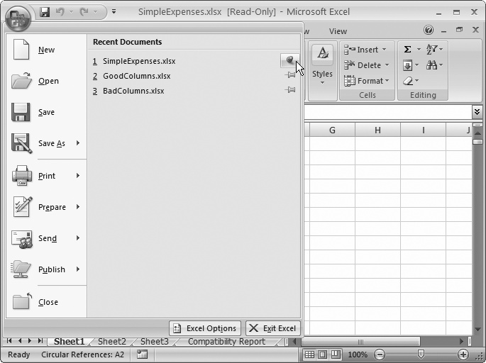 To keep a spreadsheet around on the Recent Documents list, click the thumbtack on the right. It becomes green, and is now pinned in place. That means it won’t ever leave the list, no matter how many documents you open. If you decide to stop working with it later on, just click the thumbtack again to release it. Pinning is a great trick for keeping your most important files at your fingertips.