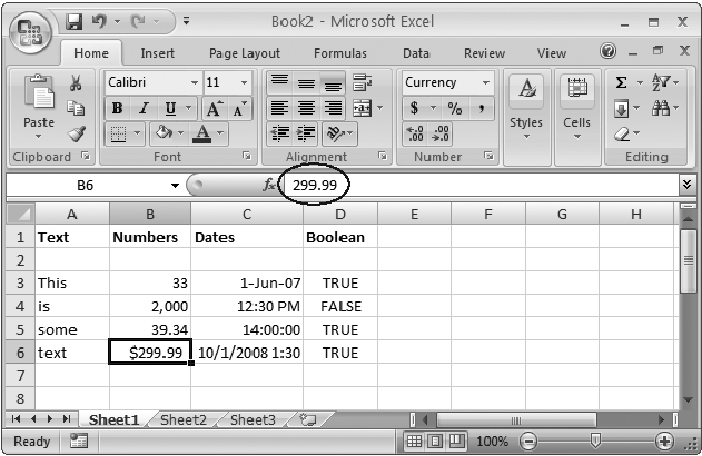 You can see the underlying value that Excel is storing for a cell by selecting the cell and then glancing at the formula bar. In this sheet, you can see that the value $299.99 is actually stored without the dollar currency symbol, which Excel applied only as part of the display format. Similarly, Excel stores the number 2,000 without the comma; it stores the date 1-Jun-07 as 6/1/2007; the time 12:30 p.m. as 12:30:00 PM, and the time 14:00:00 as 2:00:00 PM.