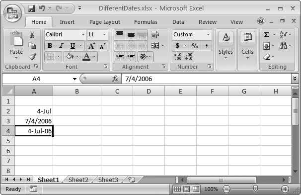 Whichever way you type in the date in a cell, it always appears the same on the formula bar (the specific formula bar display depends on the regional settings on your computer, explained next).