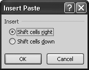 When you insert copied cells, Excel asks whether it should move the existing cells down or to the right.