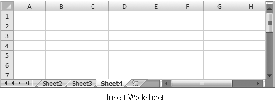 Every time you click the Insert Worksheet button, Excel inserts a new worksheet after your existing worksheets and assigns it a new name. For example, if you start with the standard Sheet1, Sheet2, and Sheet3 and click the Insert Worksheet button, then Excel adds a new worksheet named—you guessed it—Sheet4.