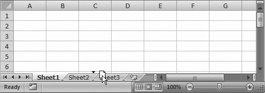 When you drag a worksheet tab, a tiny page appears beneath the arrow cursor. As you move the cursor around, you’ll see a black triangle appear, indicating where the worksheet will land when you release the mouse button.