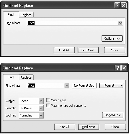 In the standard “Find and Replace” window (top), when you click Options, Excel gives you a slew of additional settings (bottom) so you can configure things like search direction, case sensitivity, and format matching.