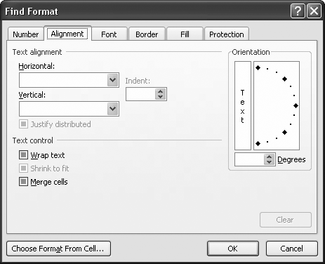 In the Find Format dialog box, Excel won’t use any formatting option that’s blank or grayed out as part of it’s search criteria. For example, here, Excel won’t search based on alignment. Checkboxes are a little trickier. In some versions of Windows, it looks like the checkbox is filled with a solid square (as with the “Merge cells” setting in this example). In other versions of Windows, it looks like the checkbox is dimmed and checked at the same time. Either way, this visual cue indicates that Excel won’t use the setting as part of its search.