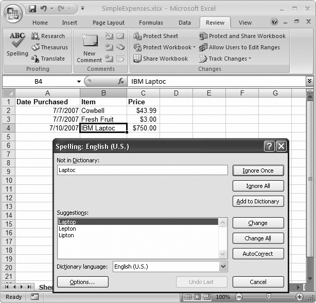 When Excel encounters a word it thinks is misspelled, it displays the Spelling window. The cell containing the word—but not the actual word itself—gets highlighted with a black border. Excel doesn’t let you edit your file while the Spelling window is active. You either have to click one of the options on the Spelling window or cancel the spell check.