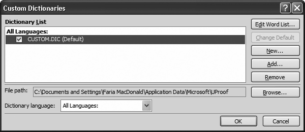 Excel starts you off with a custom dictionary named custom.dic (shown here). To add an existing custom dictionary, click Add and browse to the file. Or, click New to create a new, blank custom dictionary. You can also edit the list of words a dictionary contains (select it and click Edit Word List). shows an example of dictionary editing.