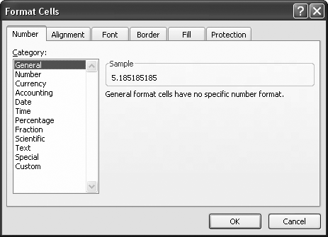 The Format Cells dialog box provides one-stop shopping for cell value and cell appearance formatting. The first tab, Number, lets you configure how numeric values are formatted. You can use the Alignment, Font, Border, and Fill tabs to control the cell’s appearance.